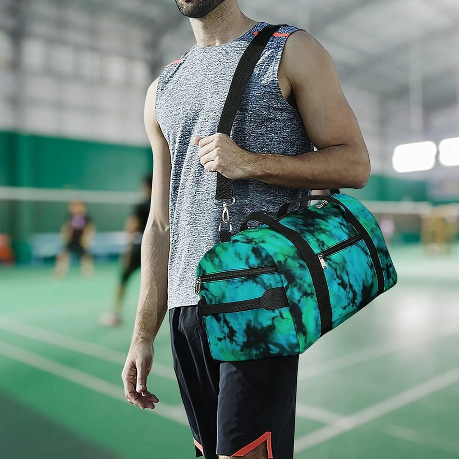 Teal And Black Tie Dye Brush Fitness Large Gym Bag for Unisex with Shoe Compartment & Wet Pocket