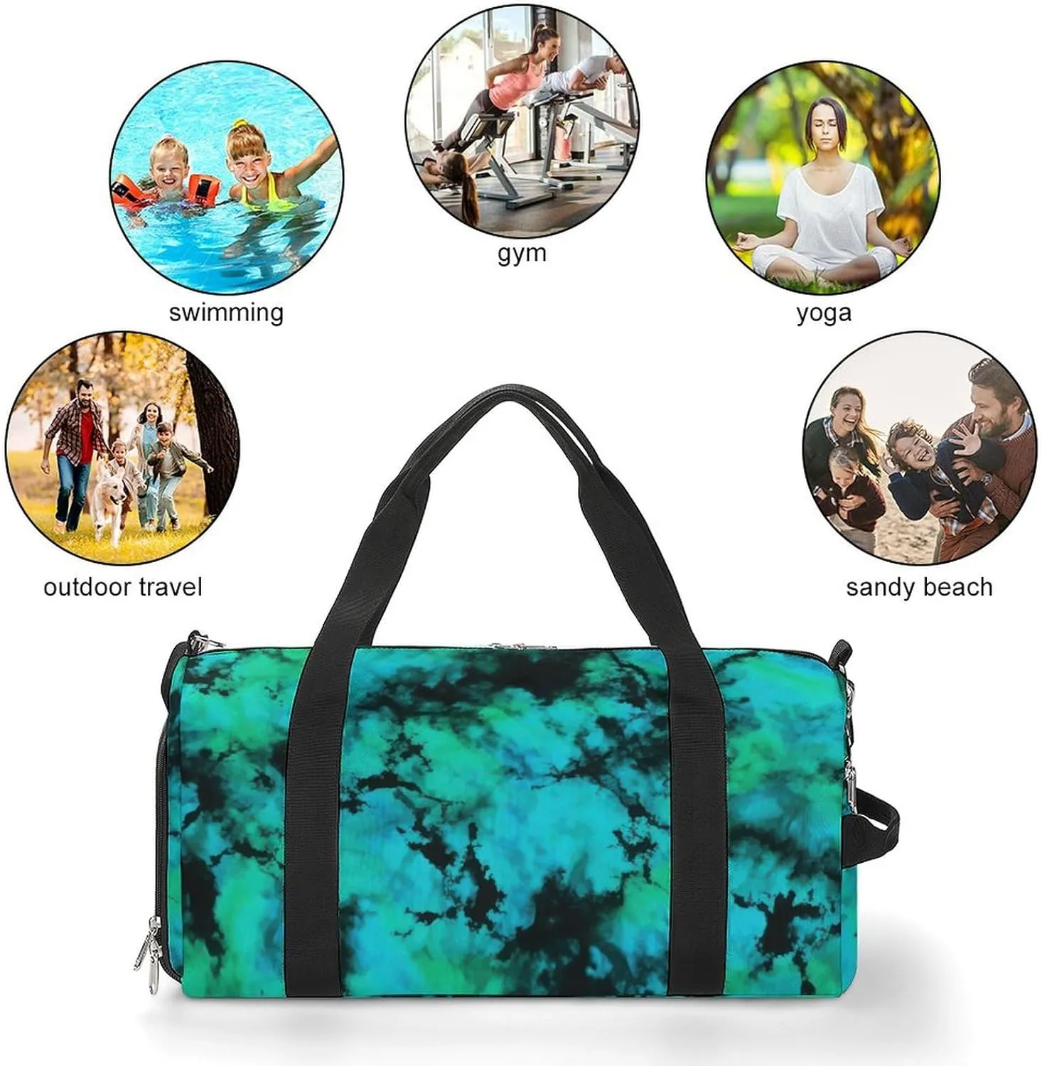 Teal And Black Tie Dye Brush Fitness Large Gym Bag for Unisex with Shoe Compartment & Wet Pocket