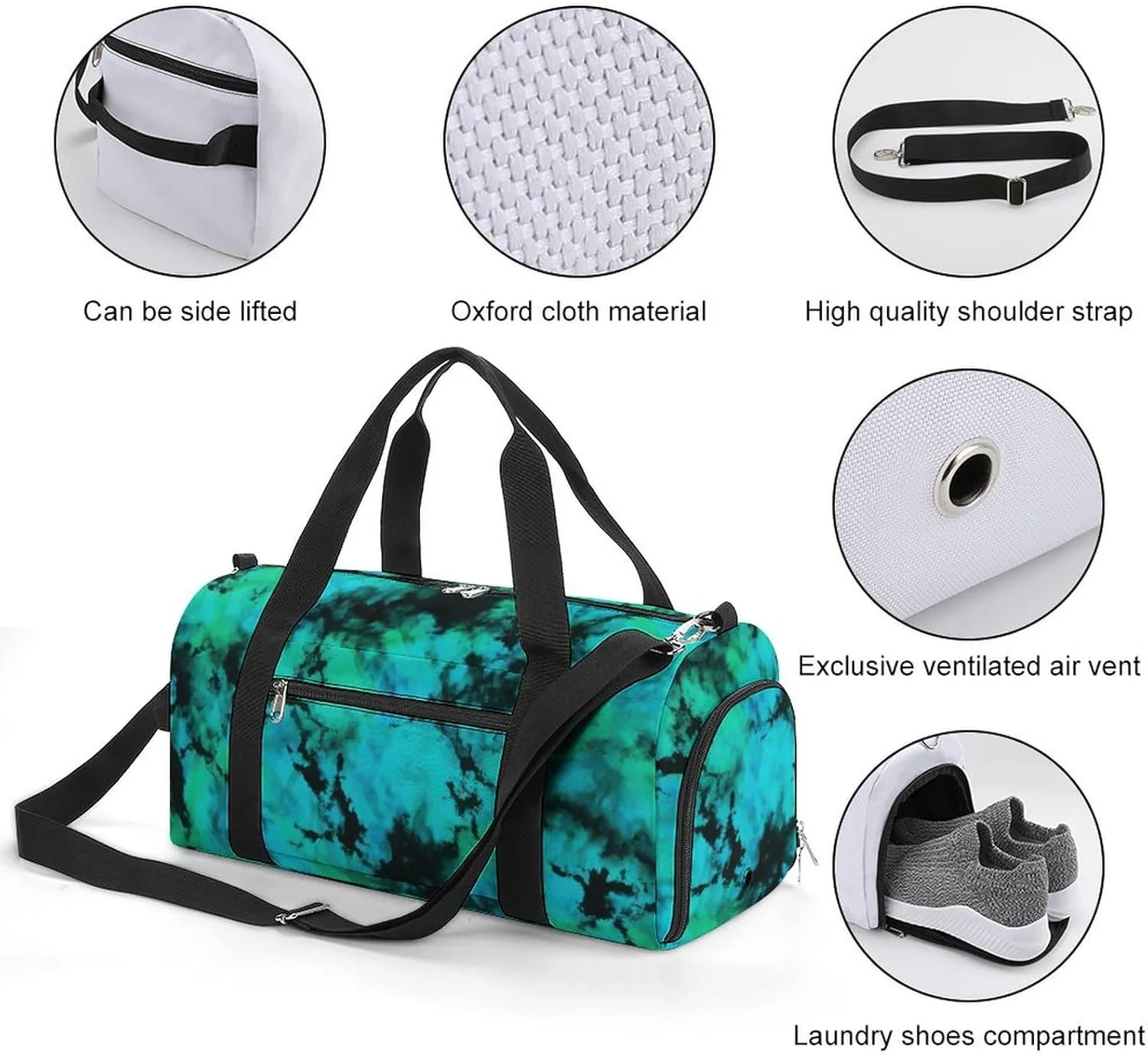Teal And Black Tie Dye Brush Fitness Large Gym Bag for Unisex with Shoe Compartment & Wet Pocket