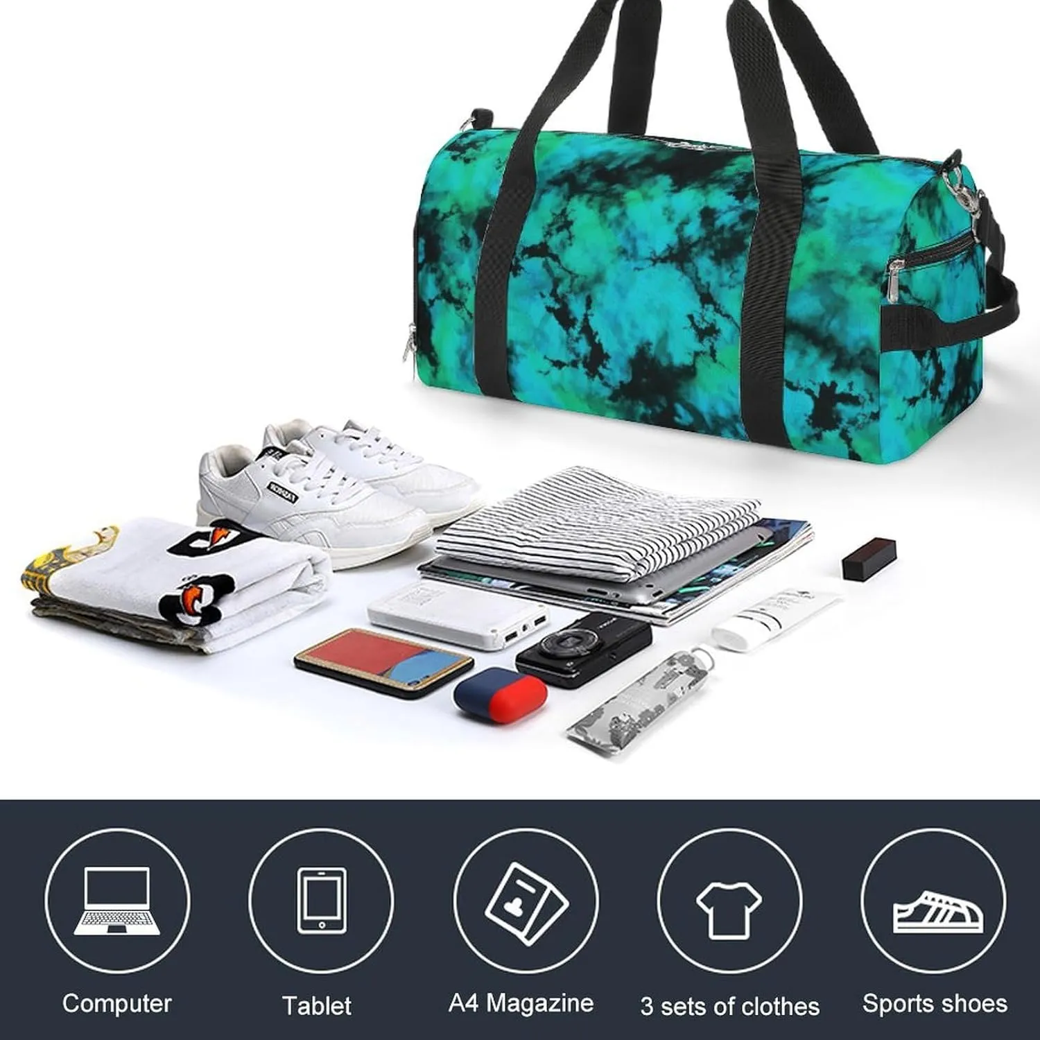 Teal And Black Tie Dye Brush Fitness Large Gym Bag for Unisex with Shoe Compartment & Wet Pocket