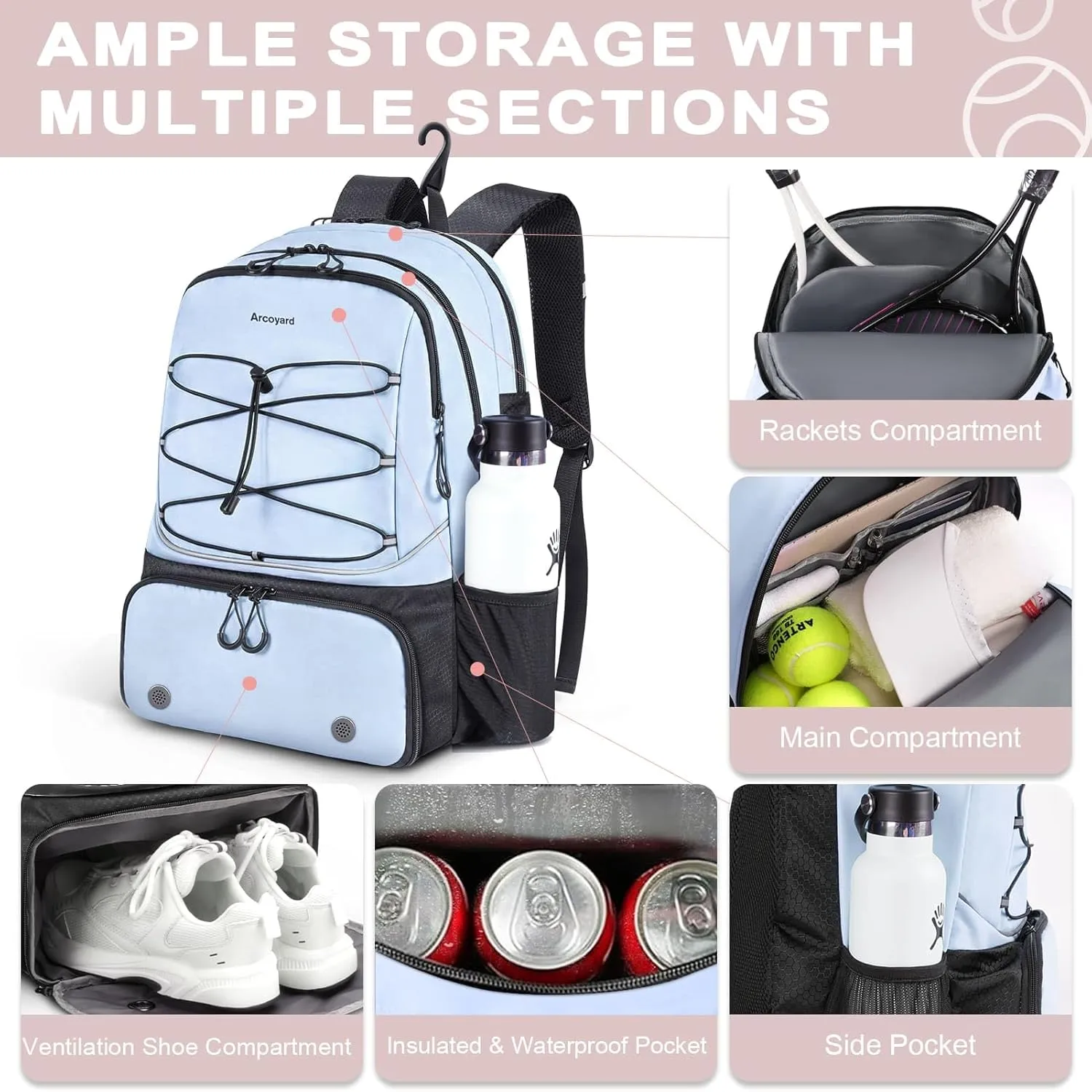 Tennis Bag Holds 2 Rackets, Professional Tennis Bags for Women, Tennis Backpack with Ventilated Shoe Compartment