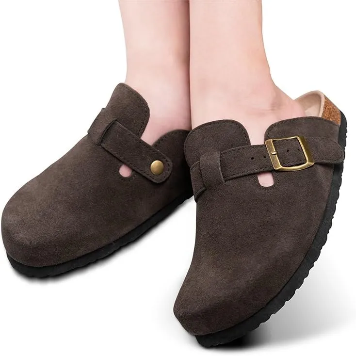TF STAR Unisex Soft Footbed Clog Cow Suede Leather Clogs, Cork Clogs Shoes for Women Men