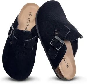 TF STAR Unisex Soft Footbed Clog Cow Suede Leather Clogs, Cork Clogs Shoes for Women Men