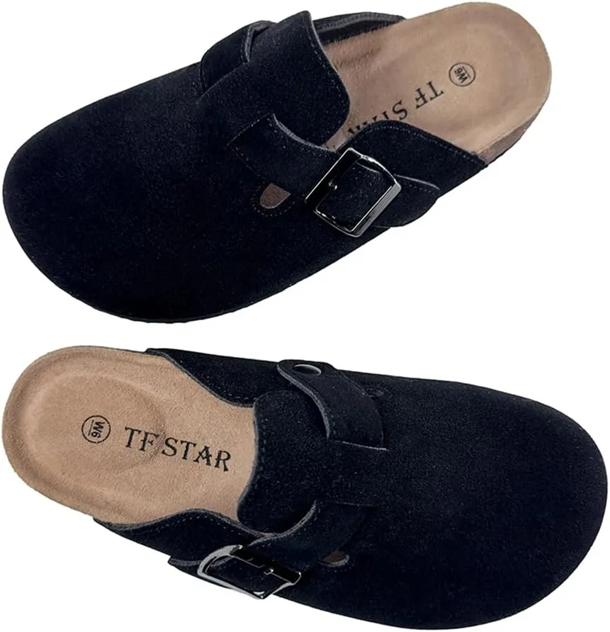 TF STAR Unisex Soft Footbed Clog Cow Suede Leather Clogs, Cork Clogs Shoes for Women Men