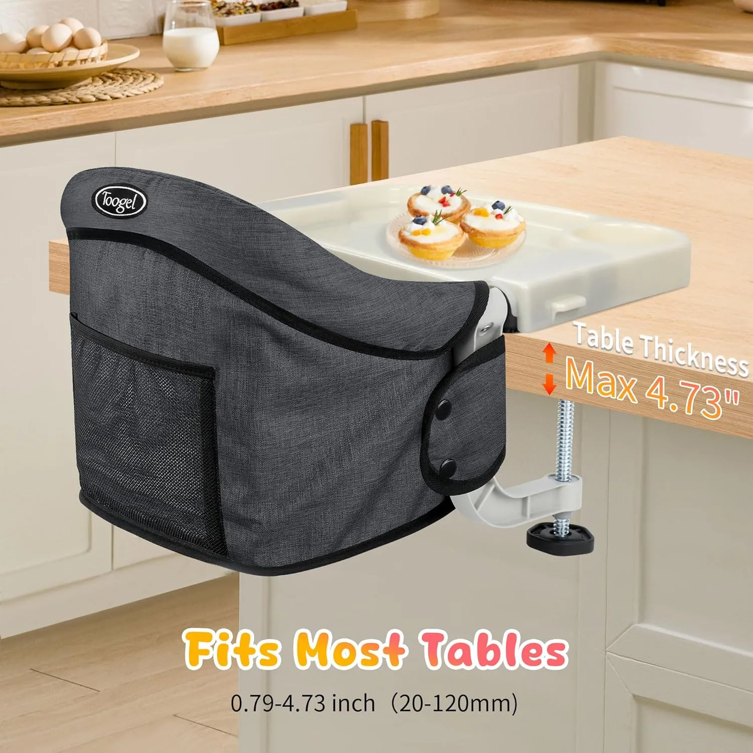 Toogel Hook On High Chair with Removable Dining Tray,Folding Portable Clip on Table High Chair,Baby Chair with Storage Bag for Indoor/Outdoor, Black