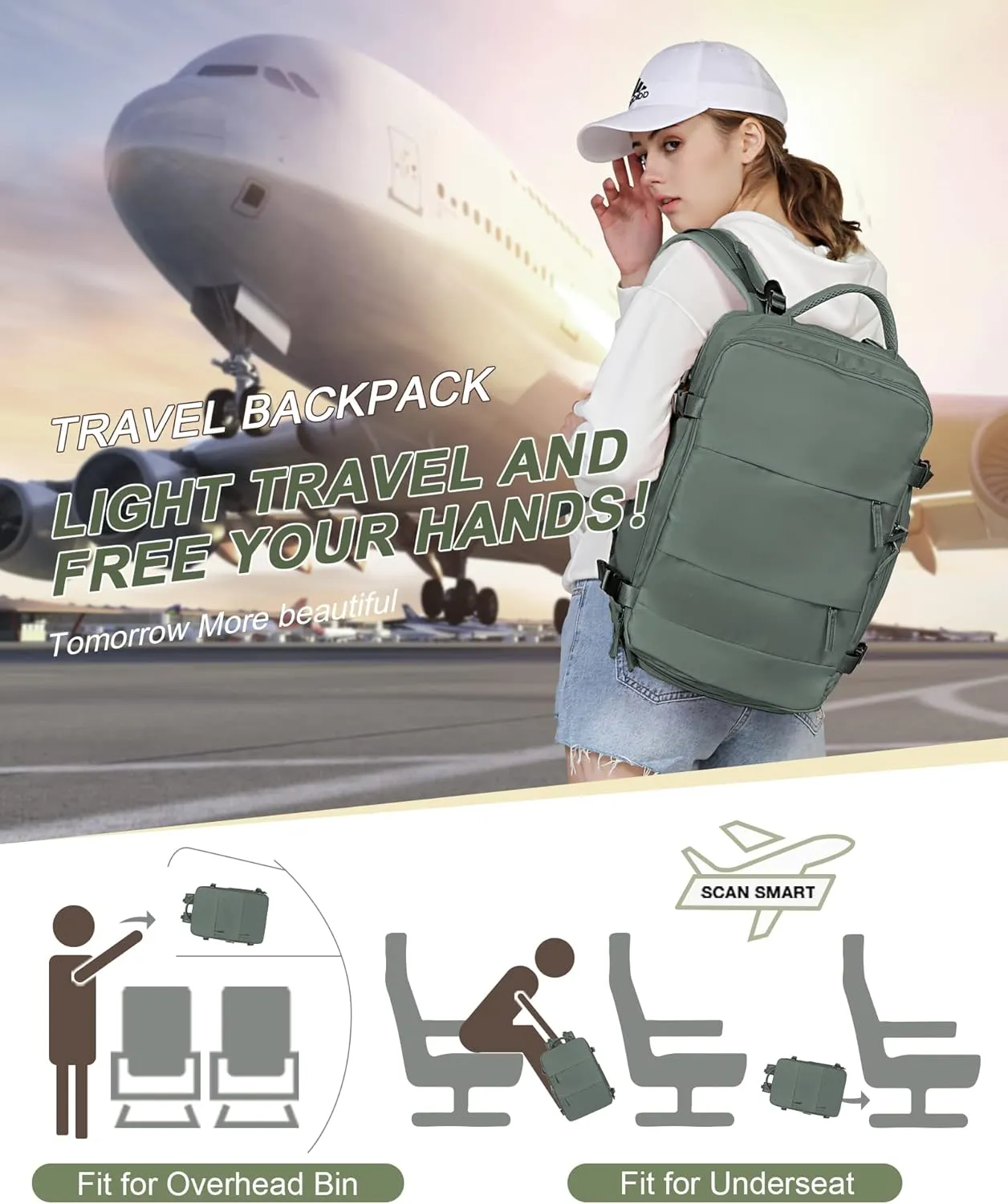 Travel Backpack For Women Men Carry On Backpack Flight Approved Gym Bag With Shoe Compartment Hiking Waterproof Laptop Backpack College Essentials Olive Green