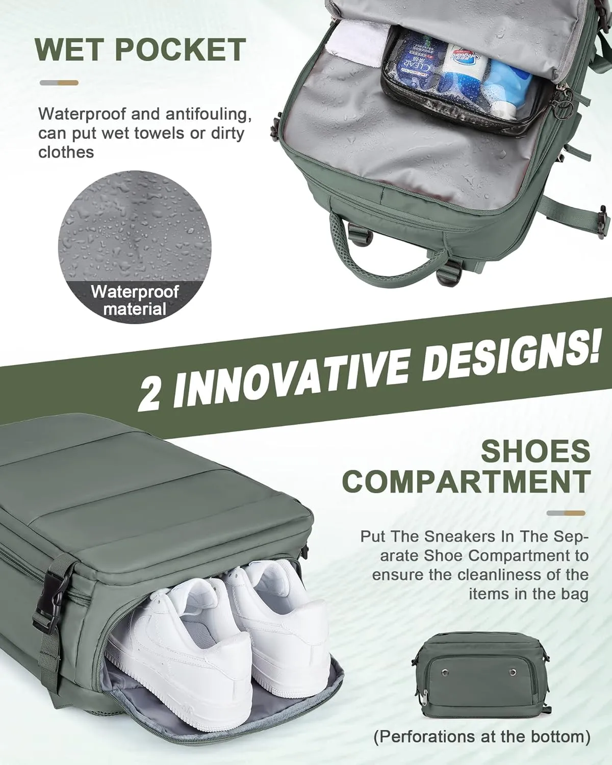 Travel Backpack For Women Men Carry On Backpack Flight Approved Gym Bag With Shoe Compartment Hiking Waterproof Laptop Backpack College Essentials Olive Green
