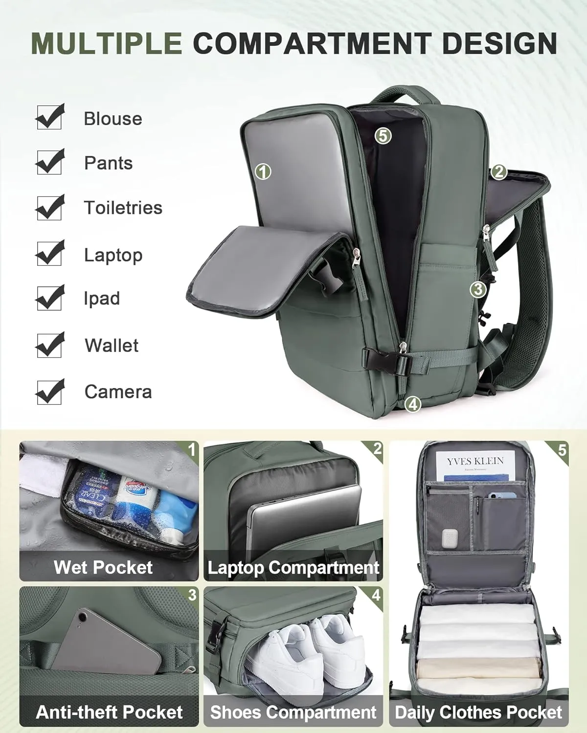 Travel Backpack For Women Men Carry On Backpack Flight Approved Gym Bag With Shoe Compartment Hiking Waterproof Laptop Backpack College Essentials Olive Green