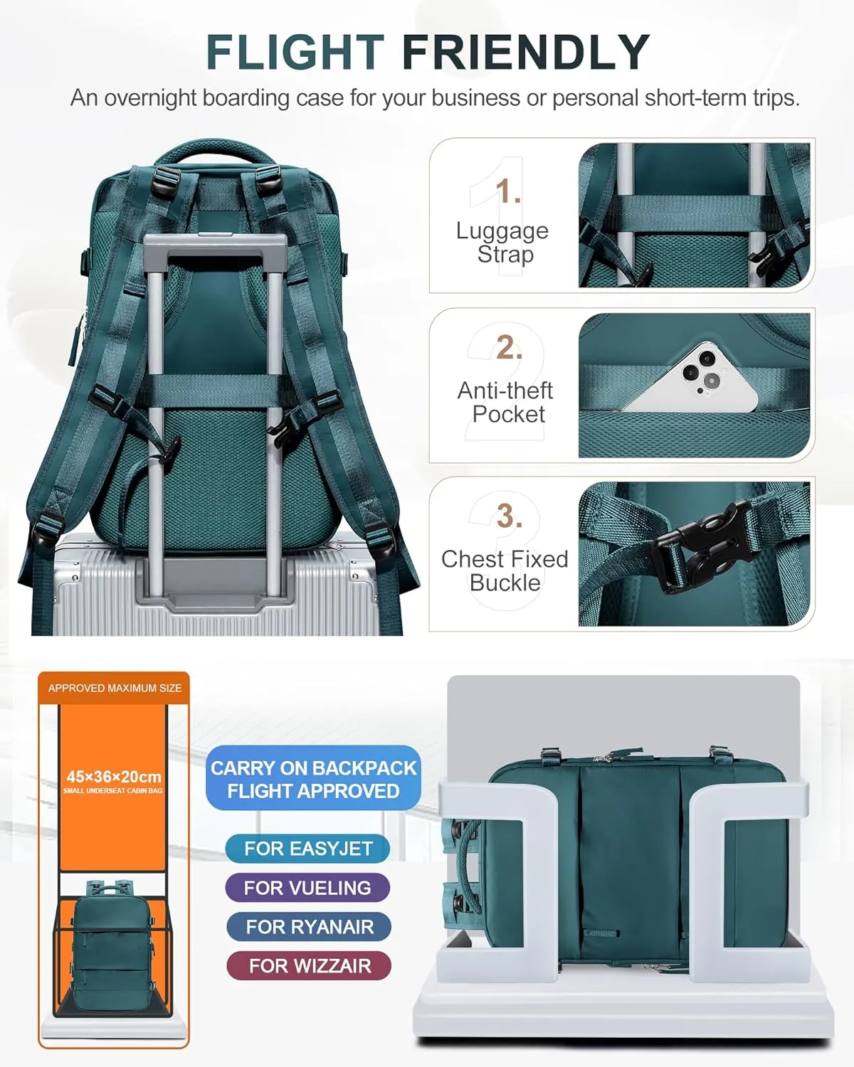 Travel Backpack For Women Men Carry On Backpack Flight Approved Gym Bag With Shoe Compartment Hiking Waterproof Laptop Backpack College Essentials Peacock Blue