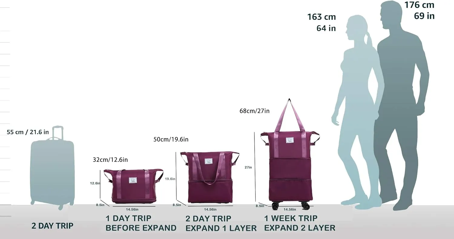 Travel Rolling Duffel Bag with Removable Wheels,Expandable Foldable Carry-On Luggage for Trip or Hospitalization