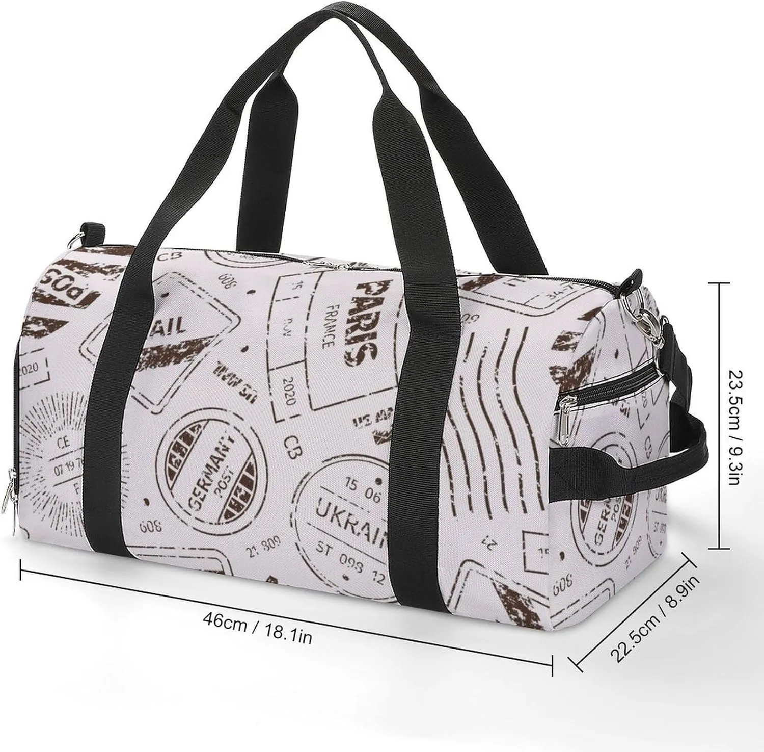 Travelling Symbols Stamp Pattern Fitness Large Gym Bag for Unisex with Shoe Compartment & Wet Pocket