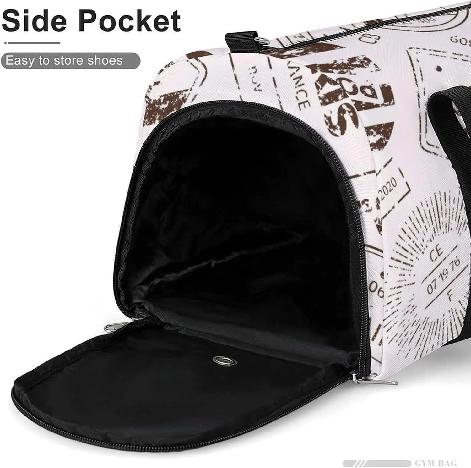 Travelling Symbols Stamp Pattern Fitness Large Gym Bag for Unisex with Shoe Compartment & Wet Pocket