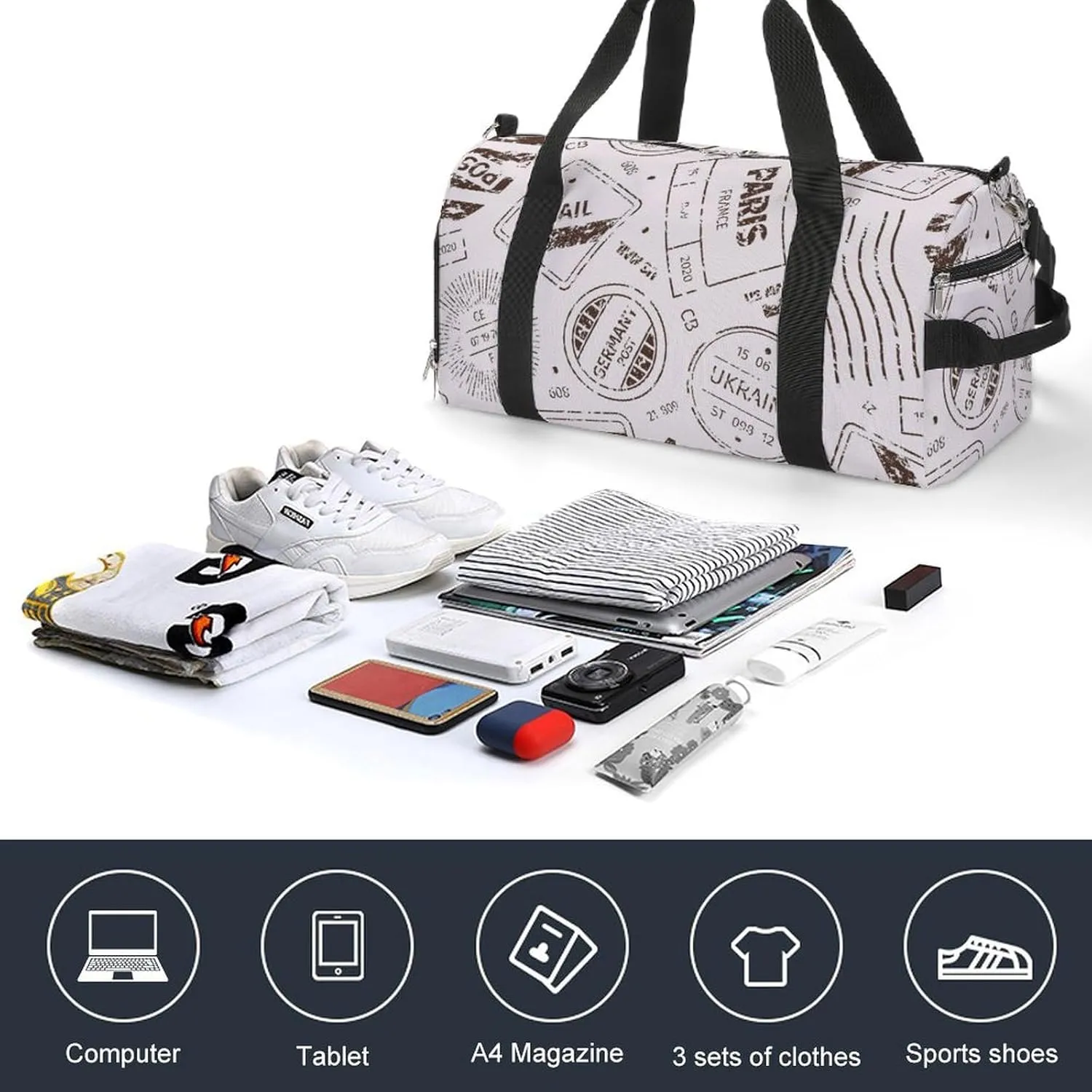 Travelling Symbols Stamp Pattern Fitness Large Gym Bag for Unisex with Shoe Compartment & Wet Pocket