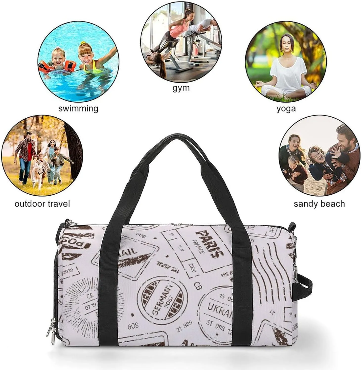 Travelling Symbols Stamp Pattern Fitness Large Gym Bag for Unisex with Shoe Compartment & Wet Pocket