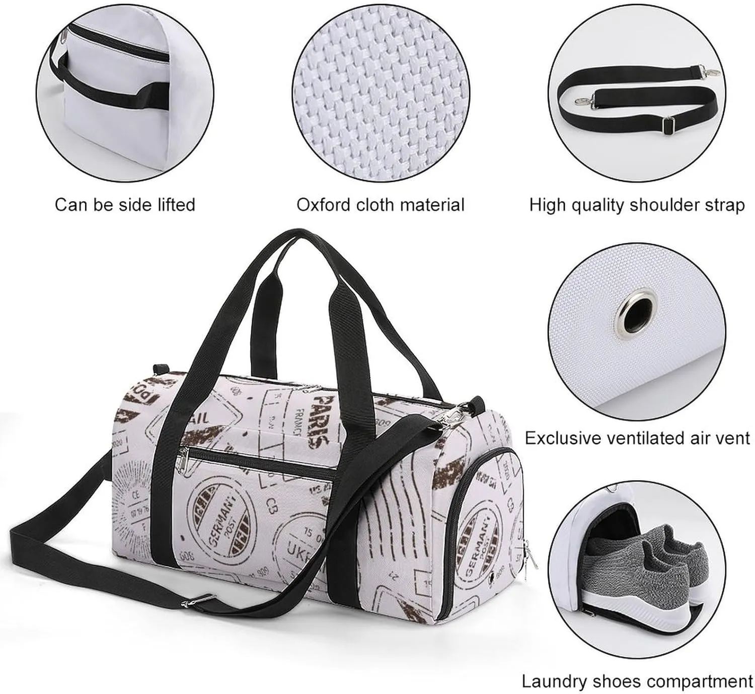 Travelling Symbols Stamp Pattern Fitness Large Gym Bag for Unisex with Shoe Compartment & Wet Pocket