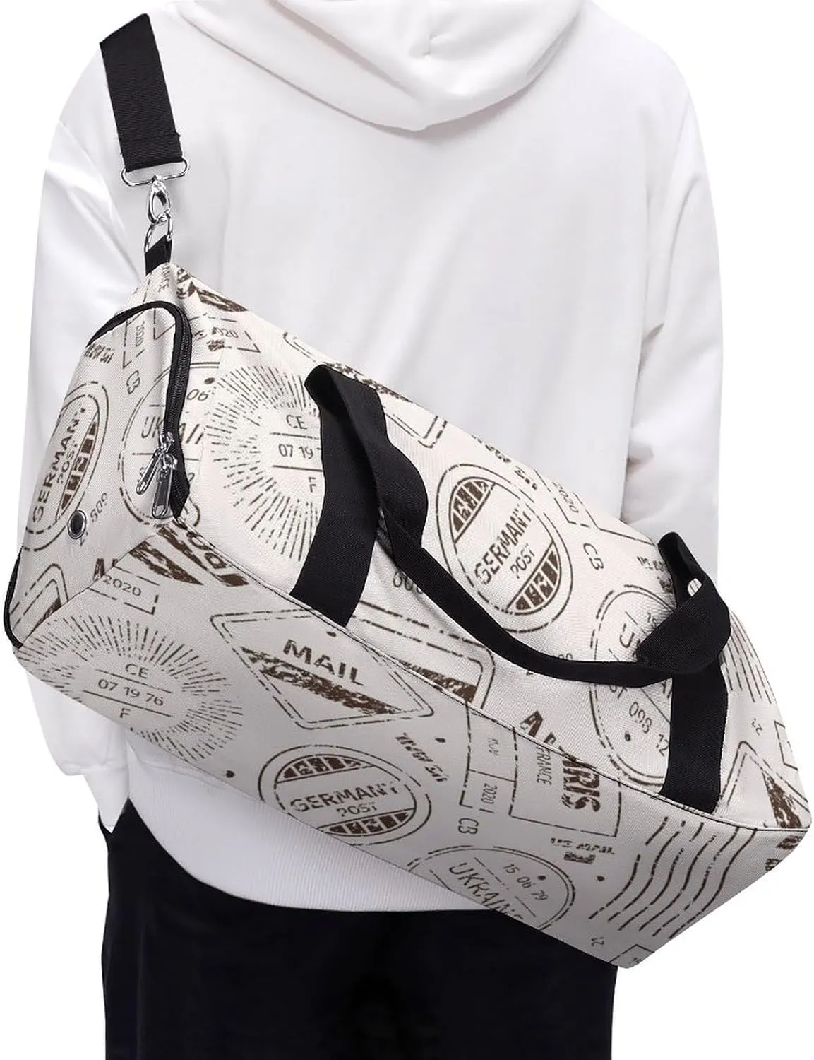 Travelling Symbols Stamp Pattern Fitness Large Gym Bag for Unisex with Shoe Compartment & Wet Pocket