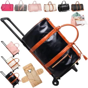 Trendfetchus Foldable Travel Bag, Multifunctional 2 in 1 Convertible Large PU Leather Waterproof Capacity Garment Duffle Bag with Trolley Glide Wheels for Airplane (Brown, With Wheels)