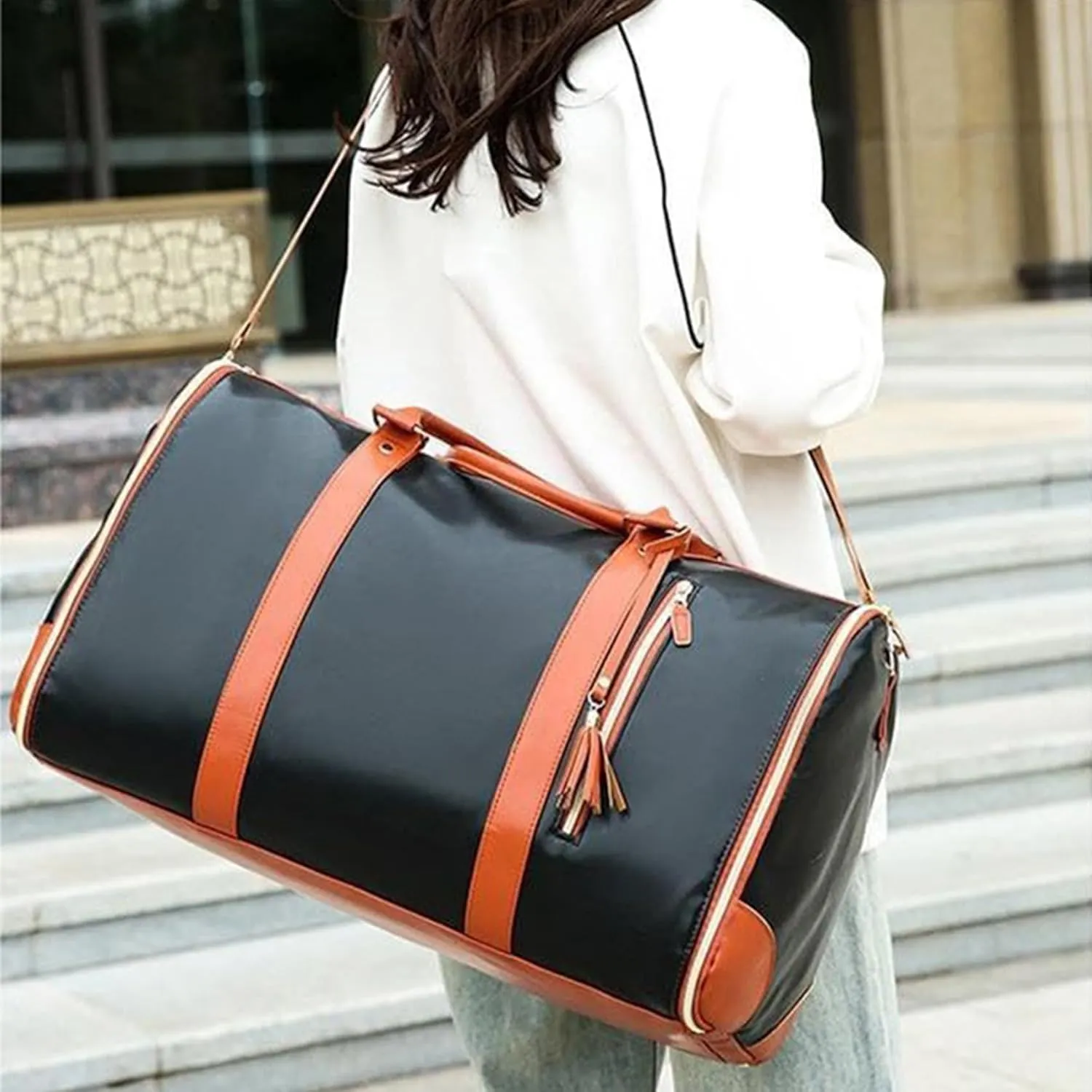 Trendfetchus Foldable Travel Bag, Multifunctional 2 in 1 Convertible Large PU Leather Waterproof Capacity Garment Duffle Bag with Trolley Glide Wheels for Airplane (Brown, With Wheels)
