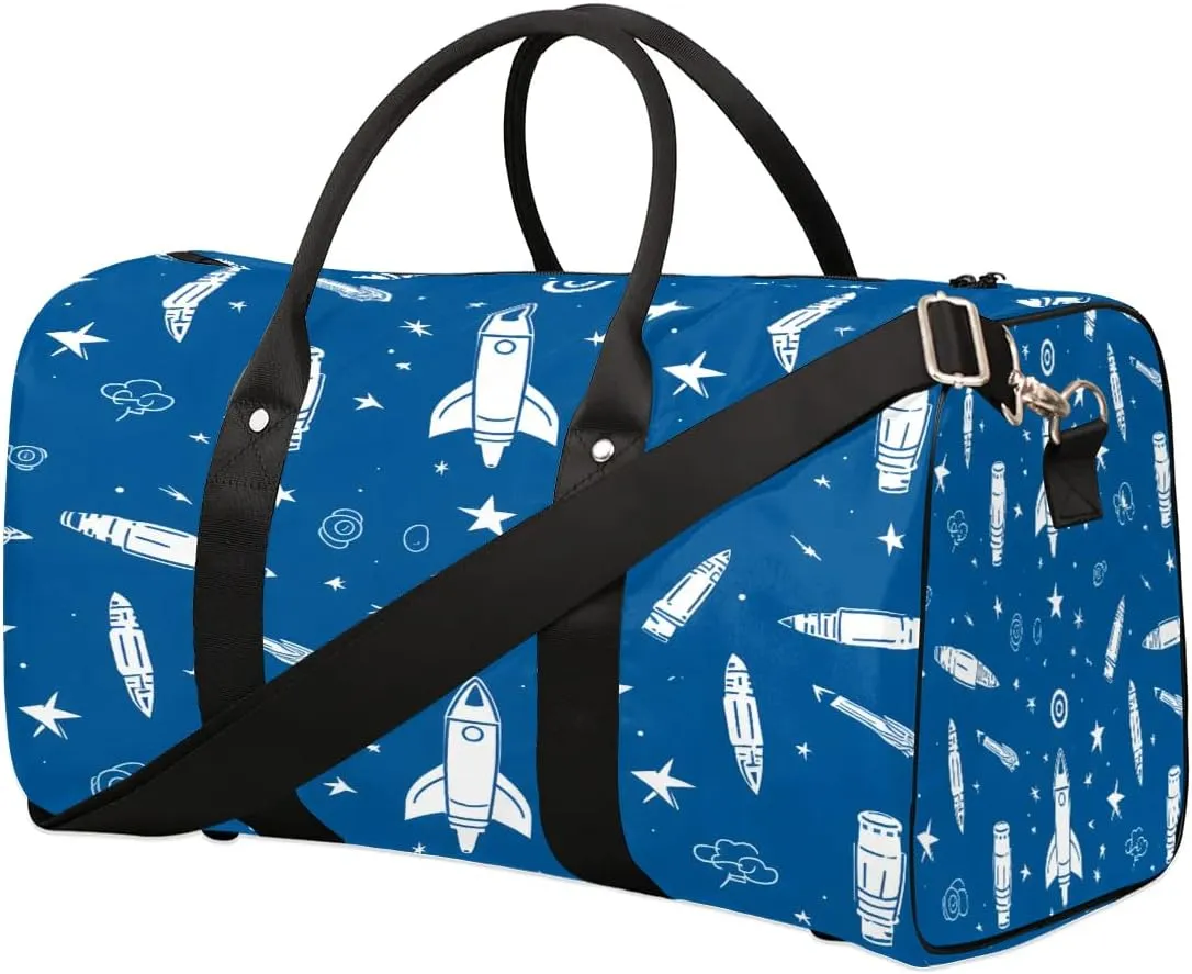 TropicalLife Cartoon Space Rocket Travel Duffle Bag for Adult Women Men Blue Rocket Sports Tote Gym Bag Waterproof Carry on Overnight Weekender Bag