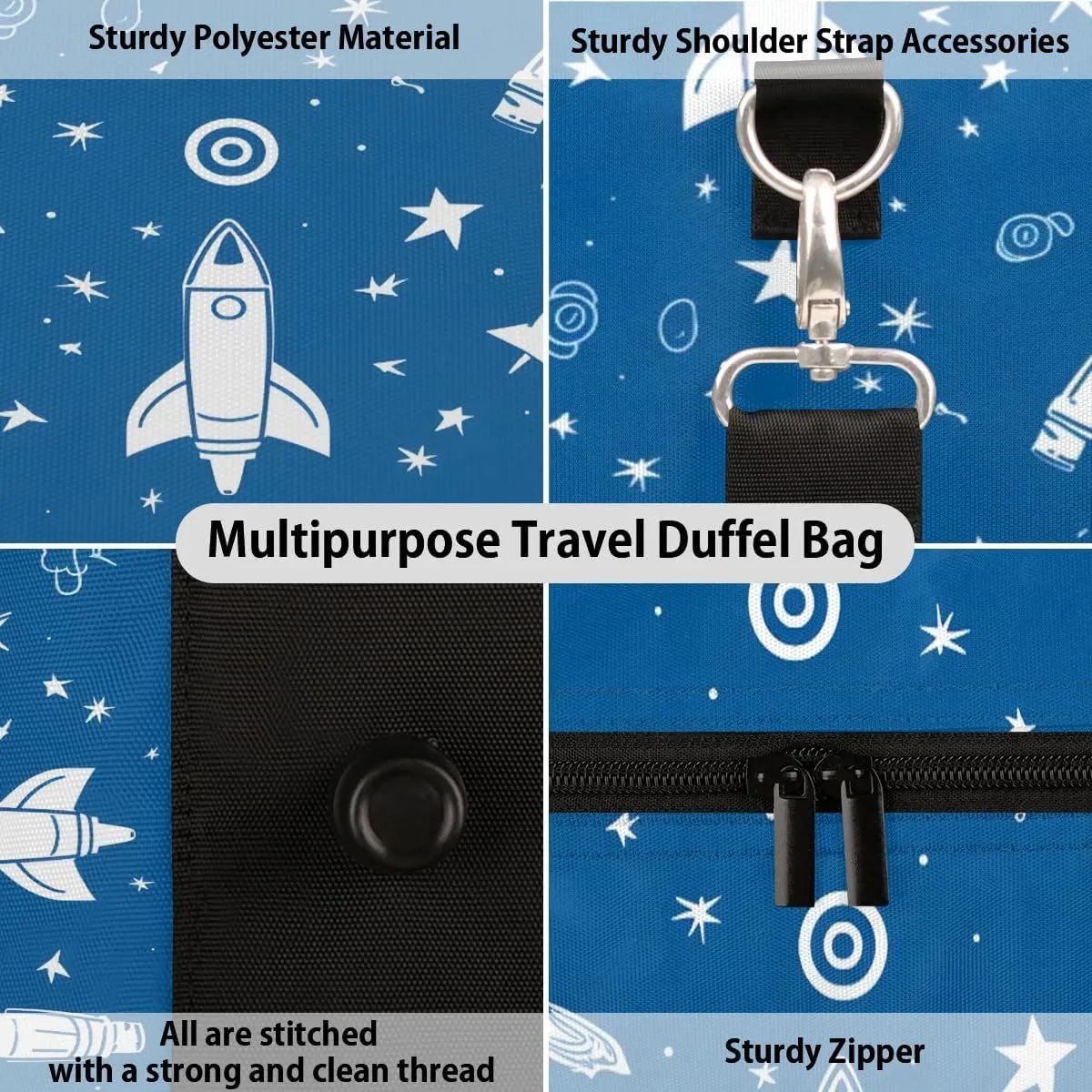 TropicalLife Cartoon Space Rocket Travel Duffle Bag for Adult Women Men Blue Rocket Sports Tote Gym Bag Waterproof Carry on Overnight Weekender Bag