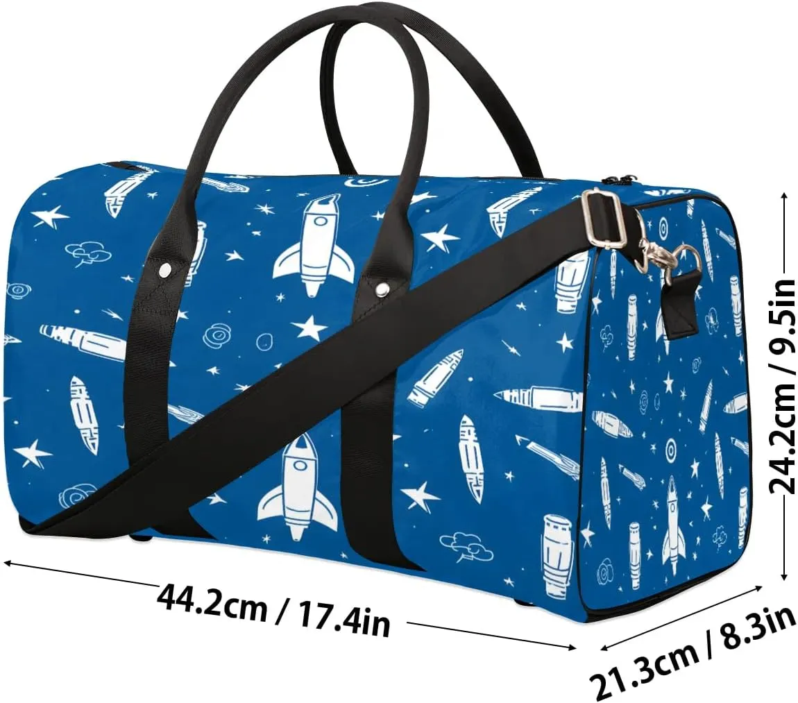 TropicalLife Cartoon Space Rocket Travel Duffle Bag for Adult Women Men Blue Rocket Sports Tote Gym Bag Waterproof Carry on Overnight Weekender Bag