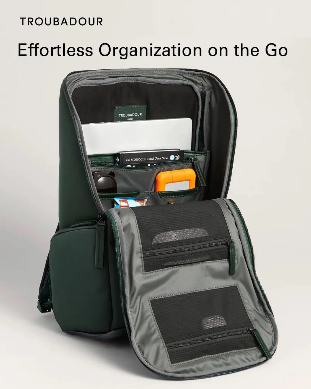 Troubadour Pioneer Backpack 3.0 - Premium Everyday Bag with Padded Laptop Section, Ventilated Shoe Compartment & Sustainable Waterproof Material - All-Day Lightweight Comfort Design - Obsidian Green