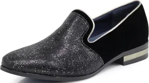 TRS Men Rhinestone Round Toe Suede Chrome Heels Dress Loafer Slip On Fashion Shoes