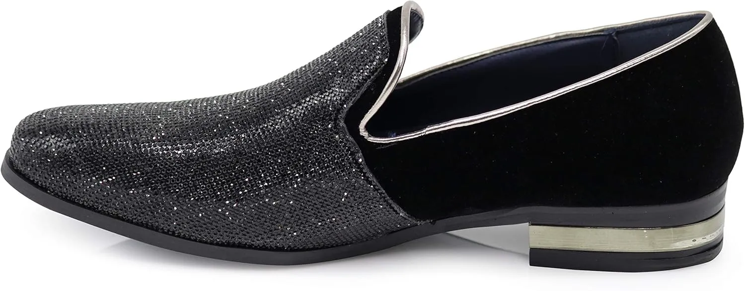 TRS Men Rhinestone Round Toe Suede Chrome Heels Dress Loafer Slip On Fashion Shoes
