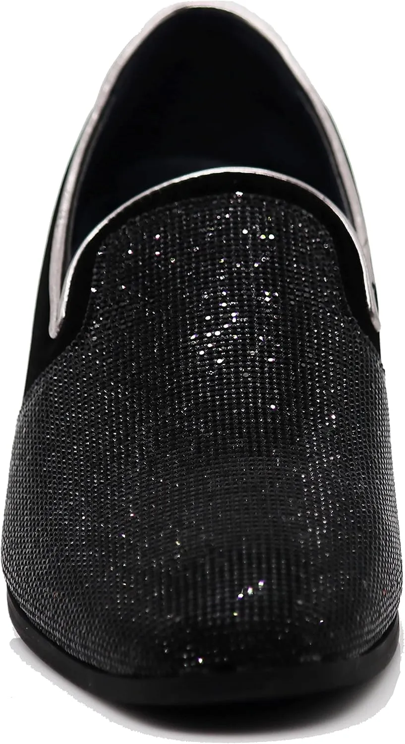 TRS Men Rhinestone Round Toe Suede Chrome Heels Dress Loafer Slip On Fashion Shoes