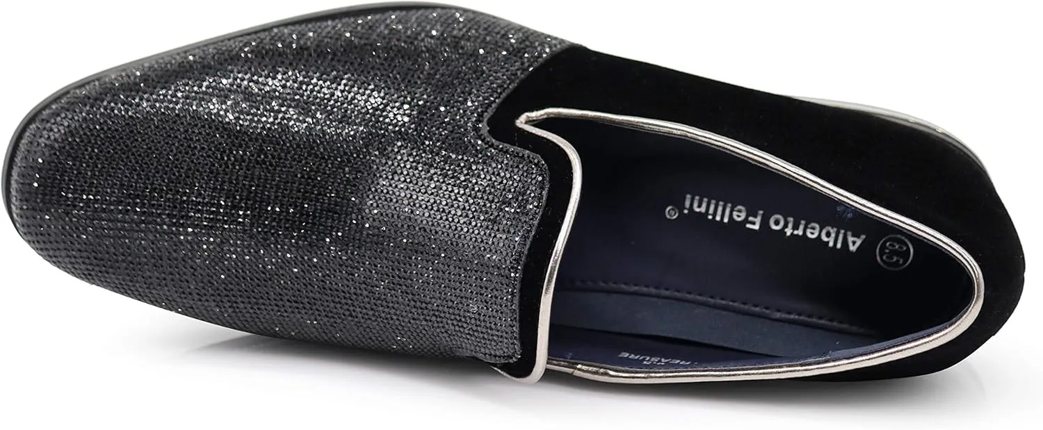 TRS Men Rhinestone Round Toe Suede Chrome Heels Dress Loafer Slip On Fashion Shoes