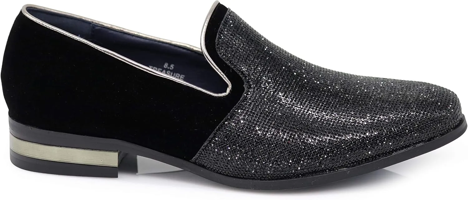 TRS Men Rhinestone Round Toe Suede Chrome Heels Dress Loafer Slip On Fashion Shoes