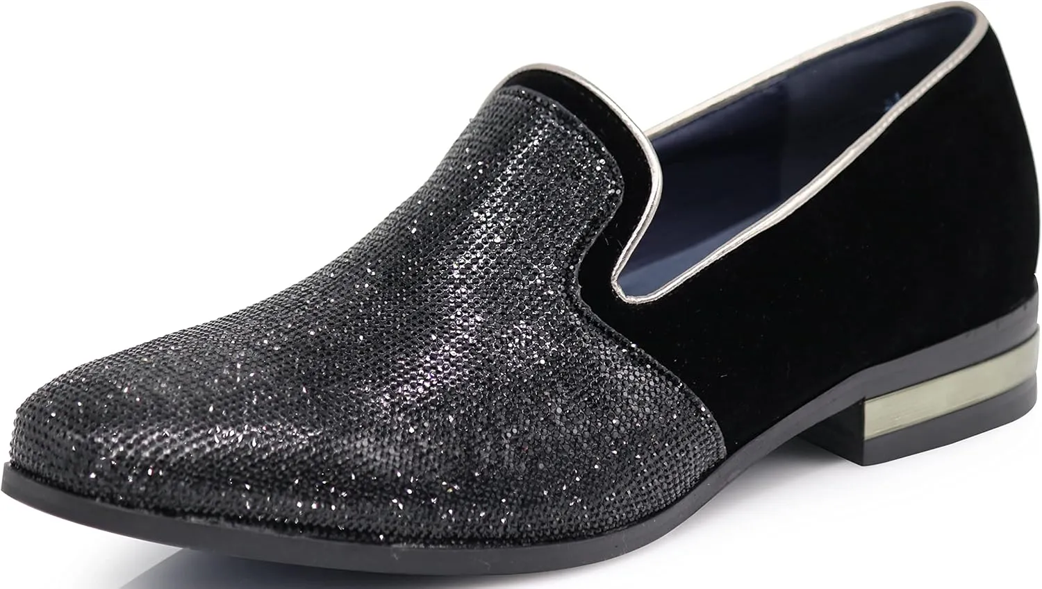 TRS Men Rhinestone Round Toe Suede Chrome Heels Dress Loafer Slip On Fashion Shoes