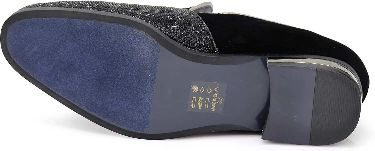 TRS Men Rhinestone Round Toe Suede Chrome Heels Dress Loafer Slip On Fashion Shoes