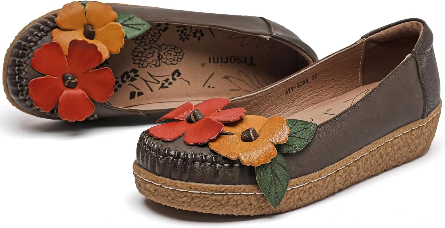 Trsorini Women's Casual Loafers Slip on Multi Color Stitching Leather Shoes Daily Walking