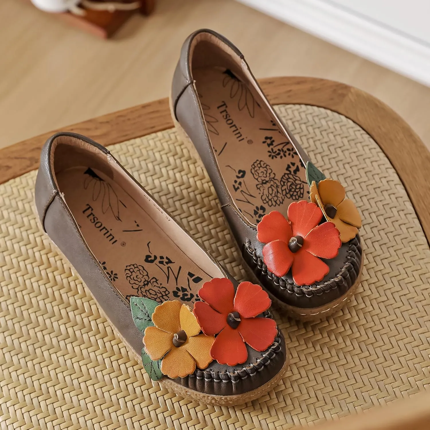Trsorini Women's Casual Loafers Slip on Multi Color Stitching Leather Shoes Daily Walking