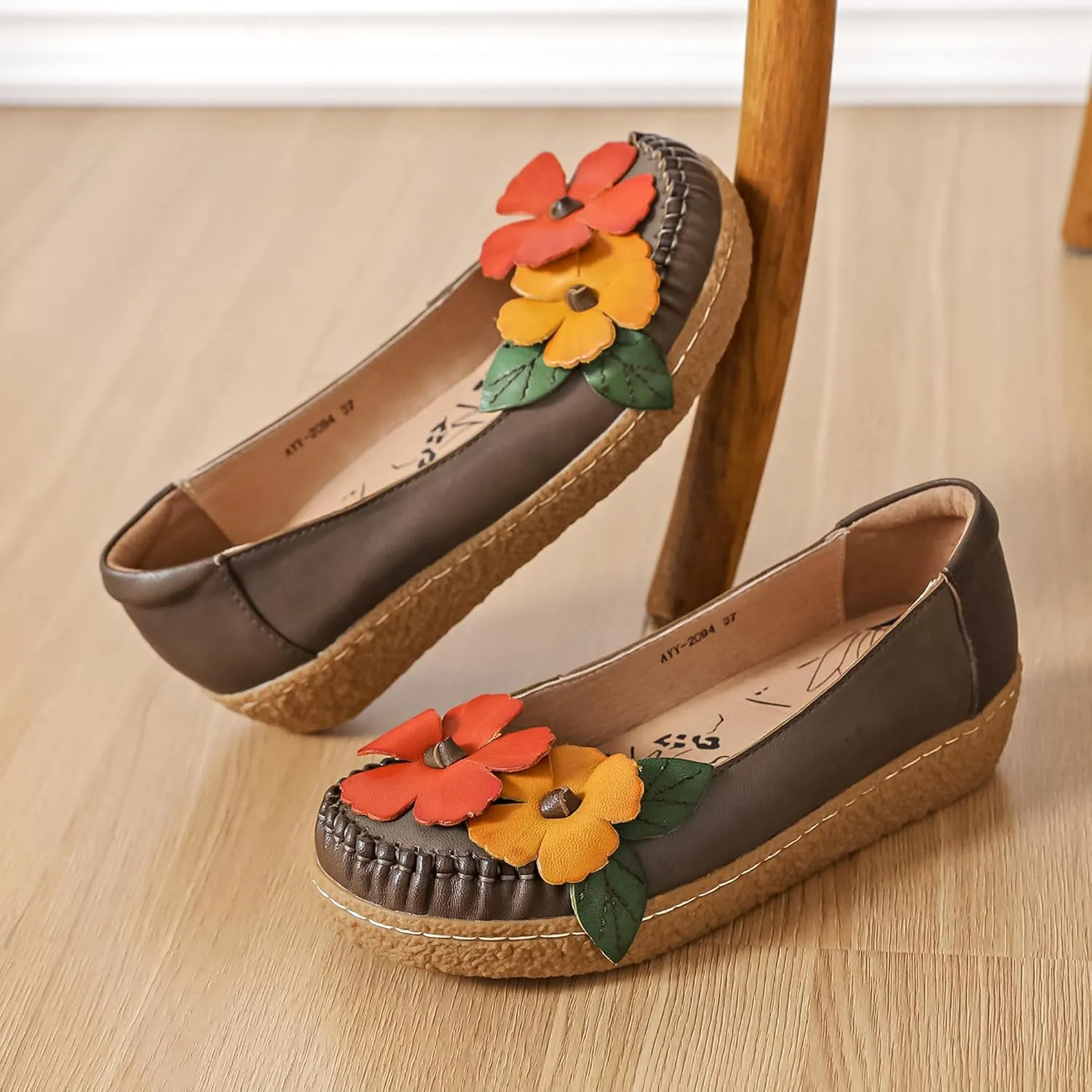 Trsorini Women's Casual Loafers Slip on Multi Color Stitching Leather Shoes Daily Walking