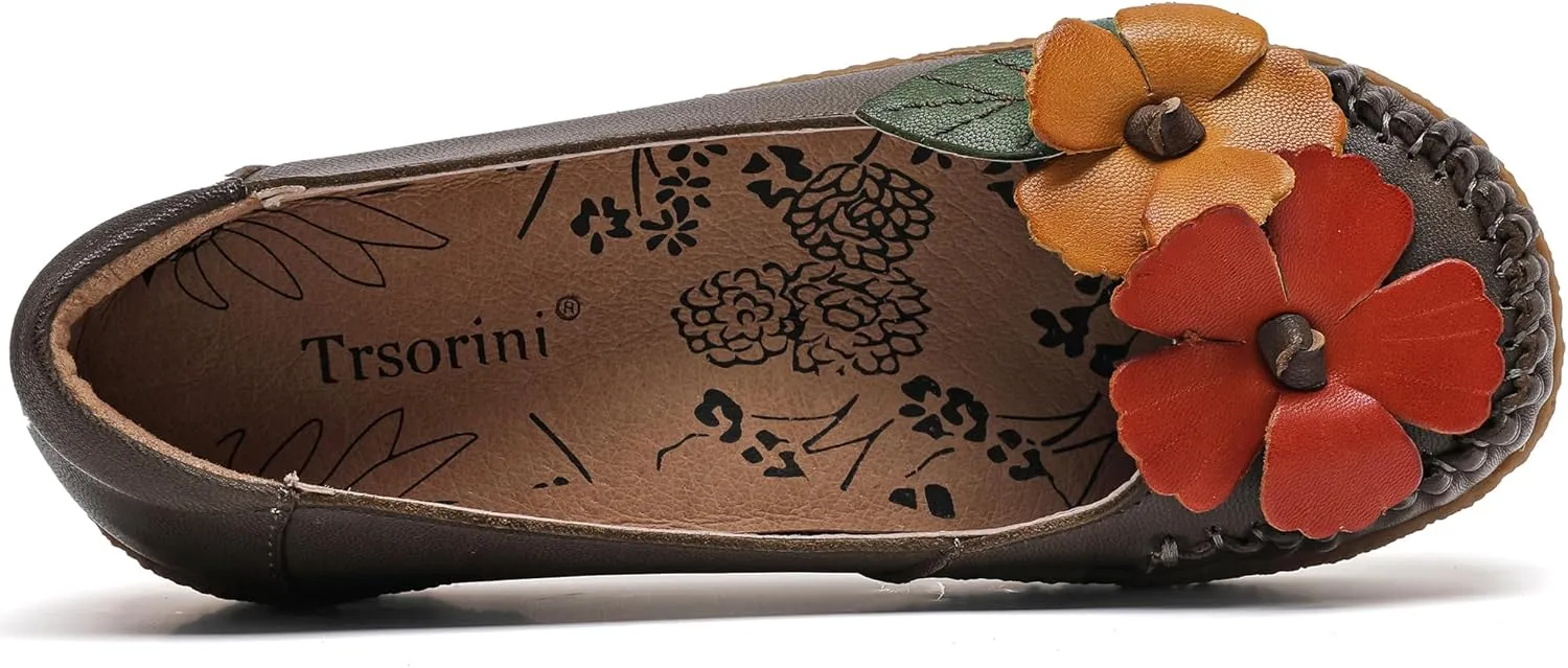 Trsorini Women's Casual Loafers Slip on Multi Color Stitching Leather Shoes Daily Walking