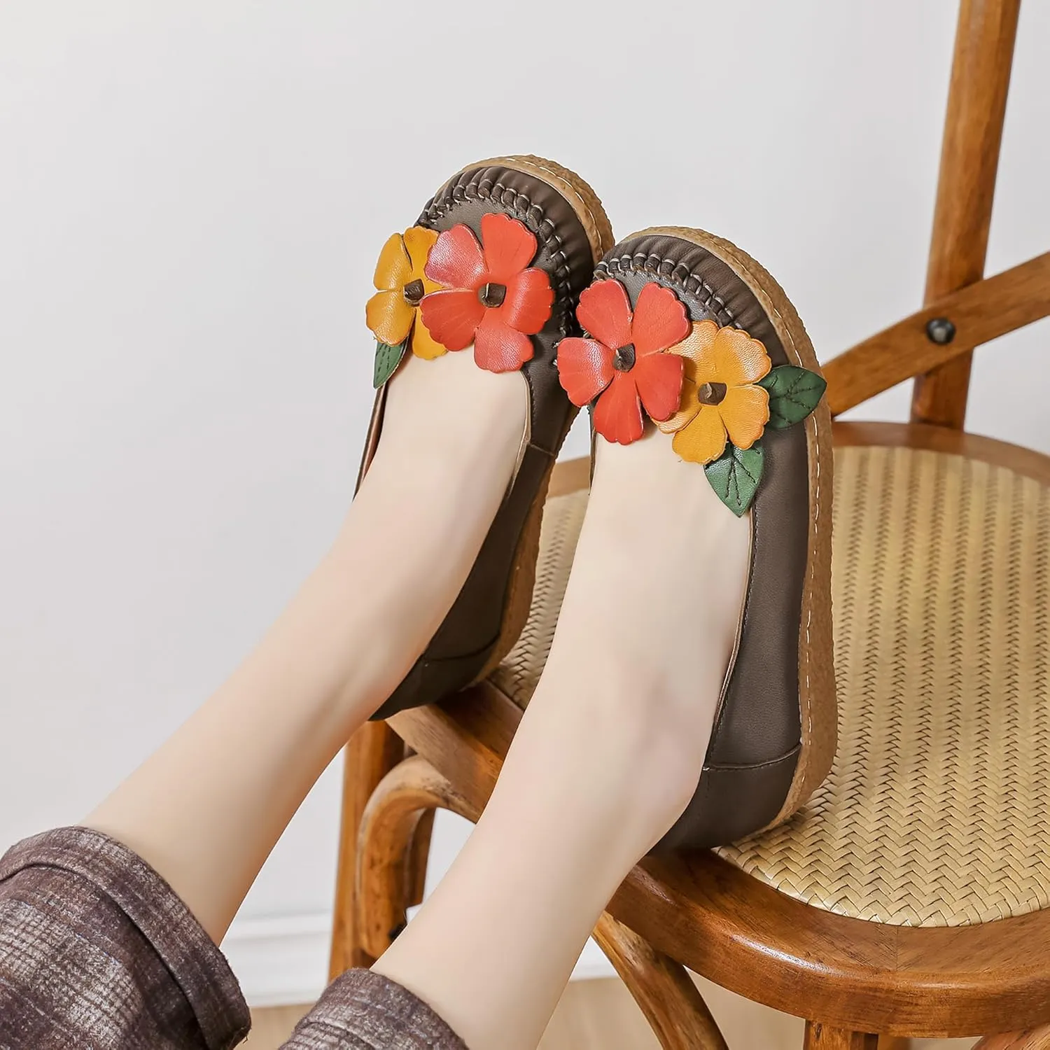 Trsorini Women's Casual Loafers Slip on Multi Color Stitching Leather Shoes Daily Walking
