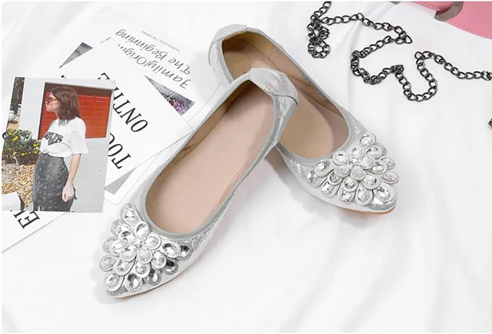 Unifizz Women's Ballet Flats Soft Pointed Toe Rhinestone Wedding Ballerina Shoes Foldable Sparkly Comfort Slip on Flat Shoes for Women