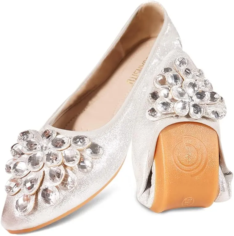 Unifizz Women's Ballet Flats Soft Pointed Toe Rhinestone Wedding Ballerina Shoes Foldable Sparkly Comfort Slip on Flat Shoes for Women