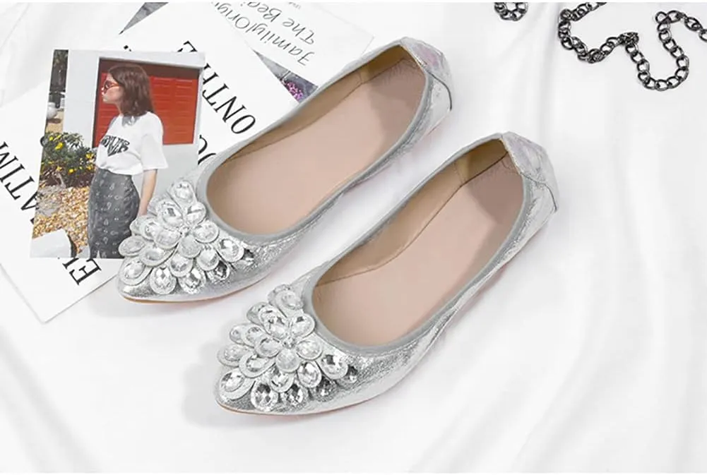 Unifizz Women's Ballet Flats Soft Pointed Toe Rhinestone Wedding Ballerina Shoes Foldable Sparkly Comfort Slip on Flat Shoes for Women
