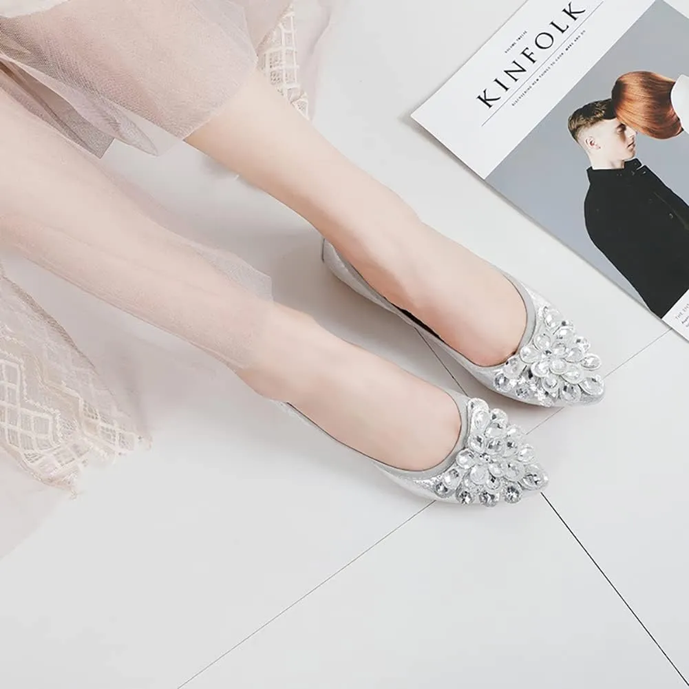Unifizz Women's Ballet Flats Soft Pointed Toe Rhinestone Wedding Ballerina Shoes Foldable Sparkly Comfort Slip on Flat Shoes for Women