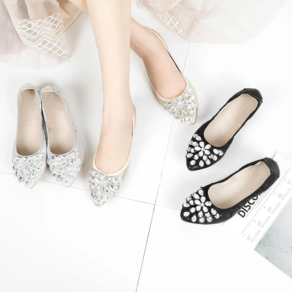 Unifizz Women's Ballet Flats Soft Pointed Toe Rhinestone Wedding Ballerina Shoes Foldable Sparkly Comfort Slip on Flat Shoes for Women