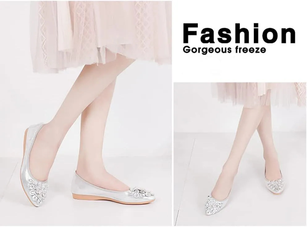 Unifizz Women's Ballet Flats Soft Pointed Toe Rhinestone Wedding Ballerina Shoes Foldable Sparkly Comfort Slip on Flat Shoes for Women