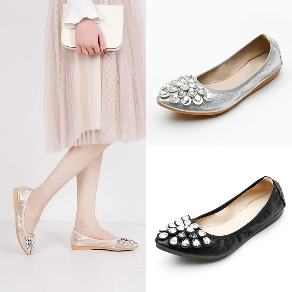 Unifizz Women's Ballet Flats Soft Pointed Toe Rhinestone Wedding Ballerina Shoes Foldable Sparkly Comfort Slip on Flat Shoes for Women
