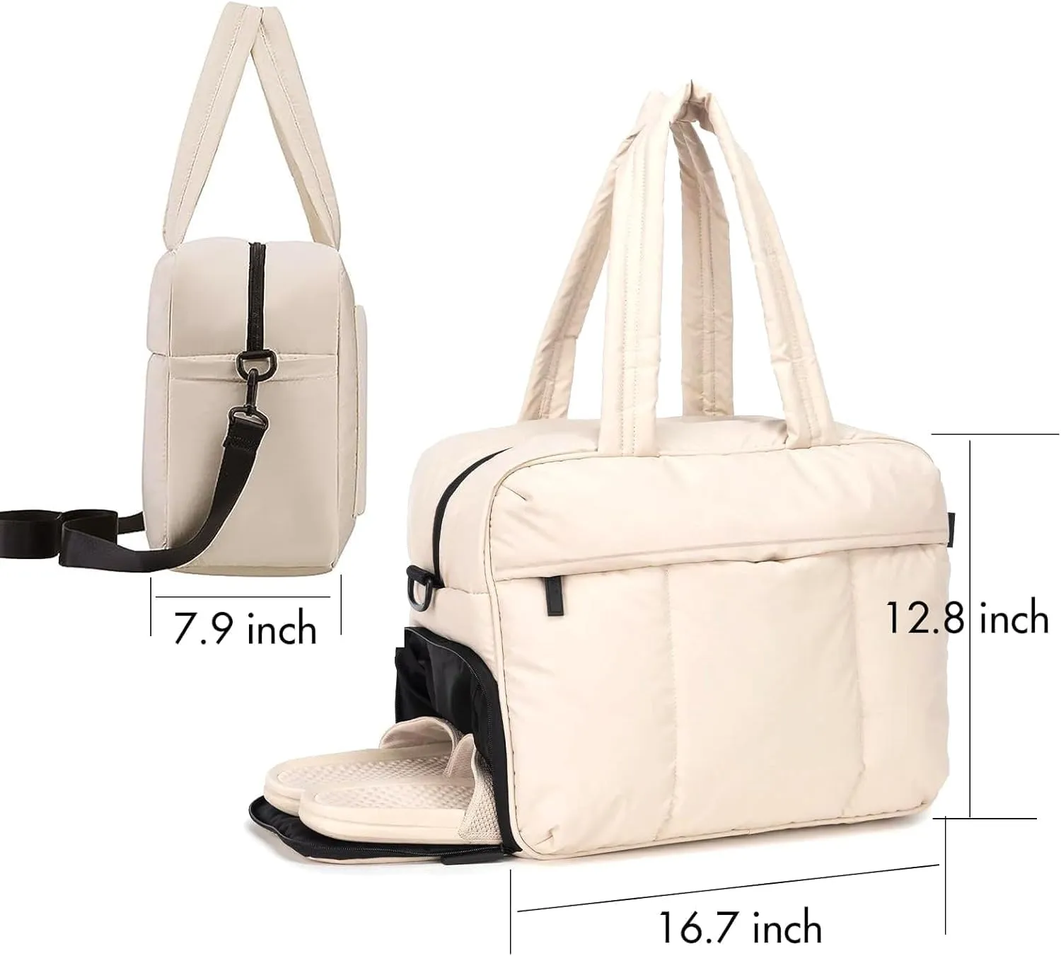 Unisex Quilted Puffer Crossbody Bag, Lightweight Travel Bag with Shoe Compartment, Water Resistant