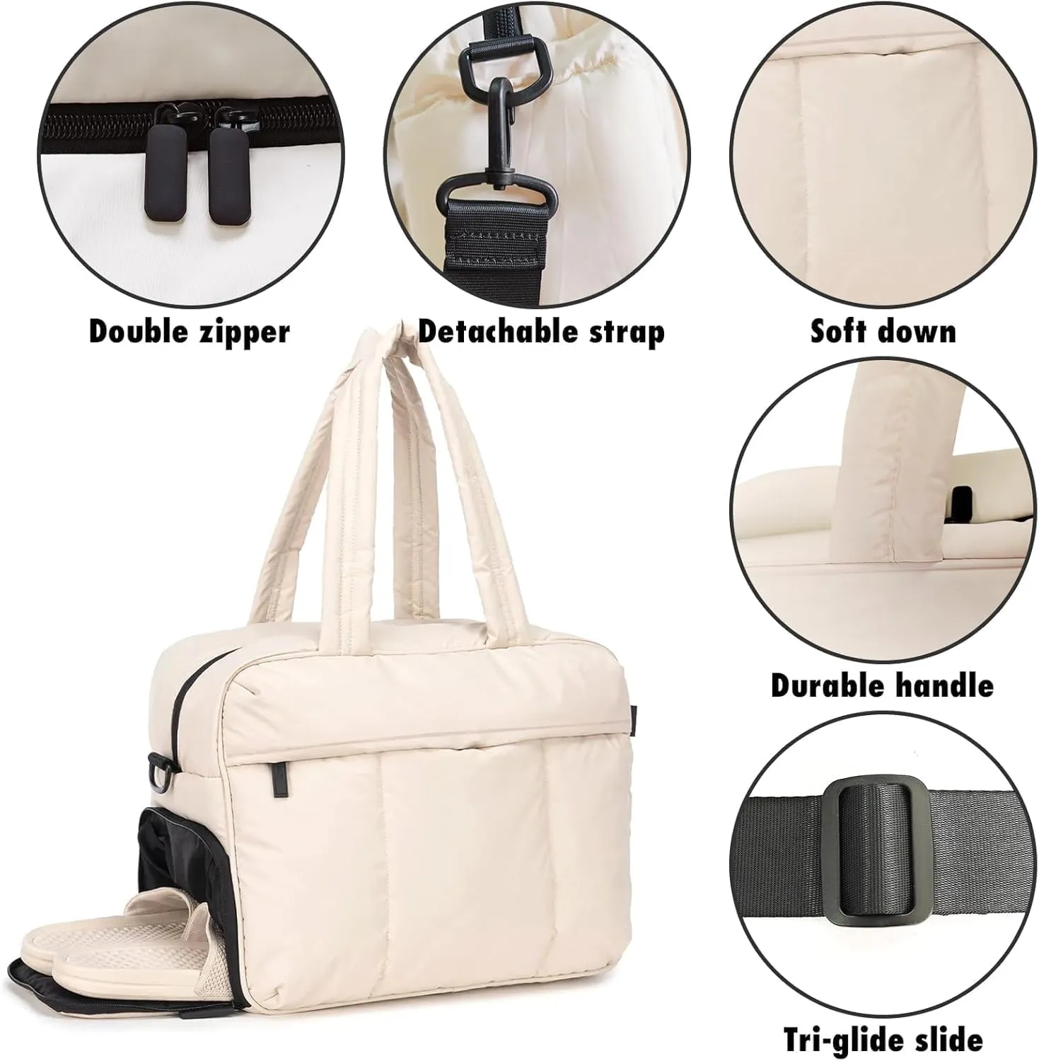 Unisex Quilted Puffer Crossbody Bag, Lightweight Travel Bag with Shoe Compartment, Water Resistant