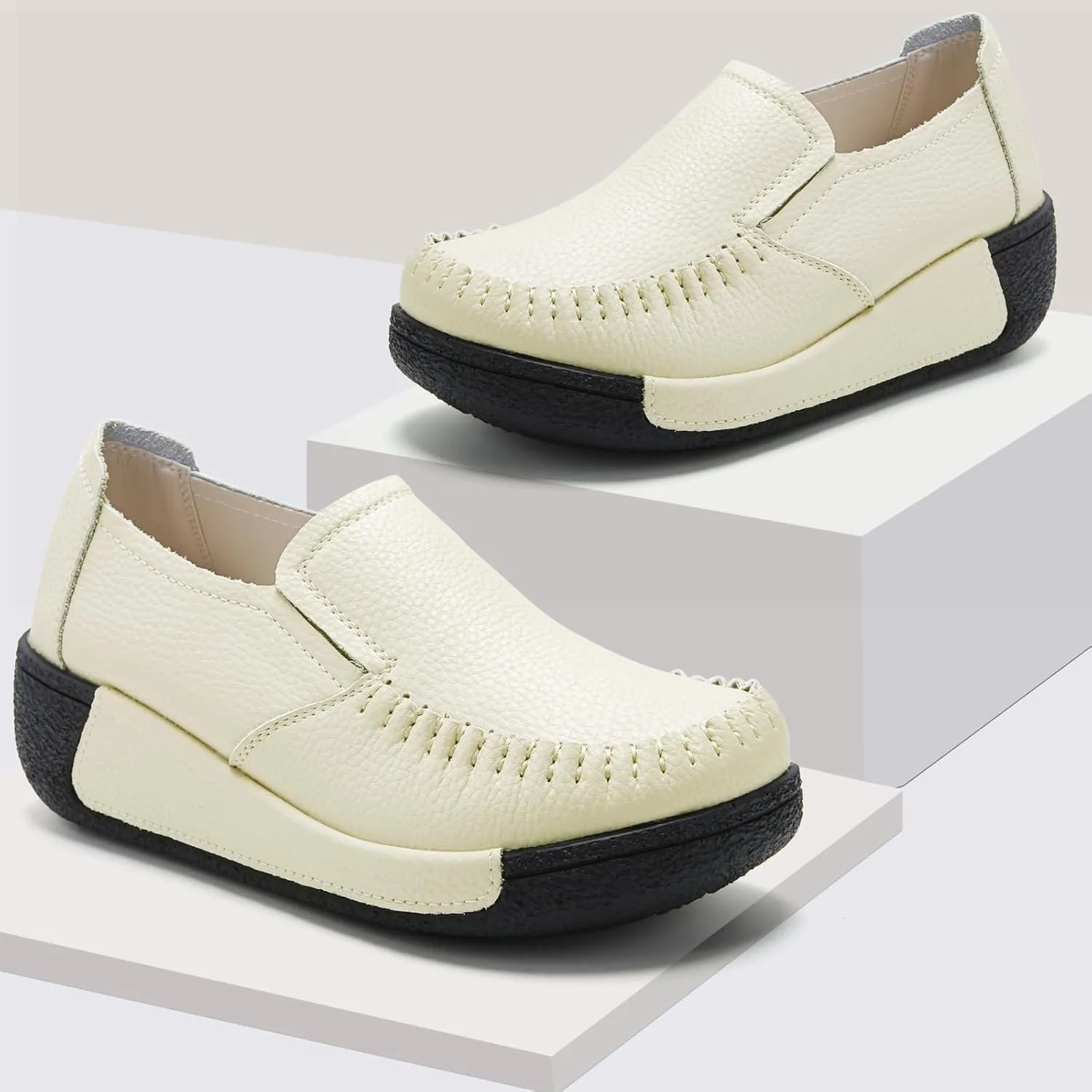 UZB Women's Slip On Loafer Leather Comfort Casual Platform Shoes