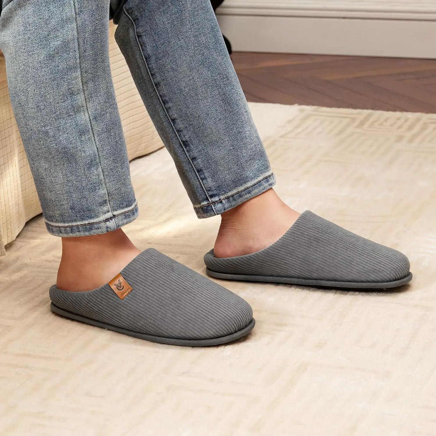 VeraCosy Men's Cozy Slip-on Slippers Corduroy Memory Foam Indoor House Shoes