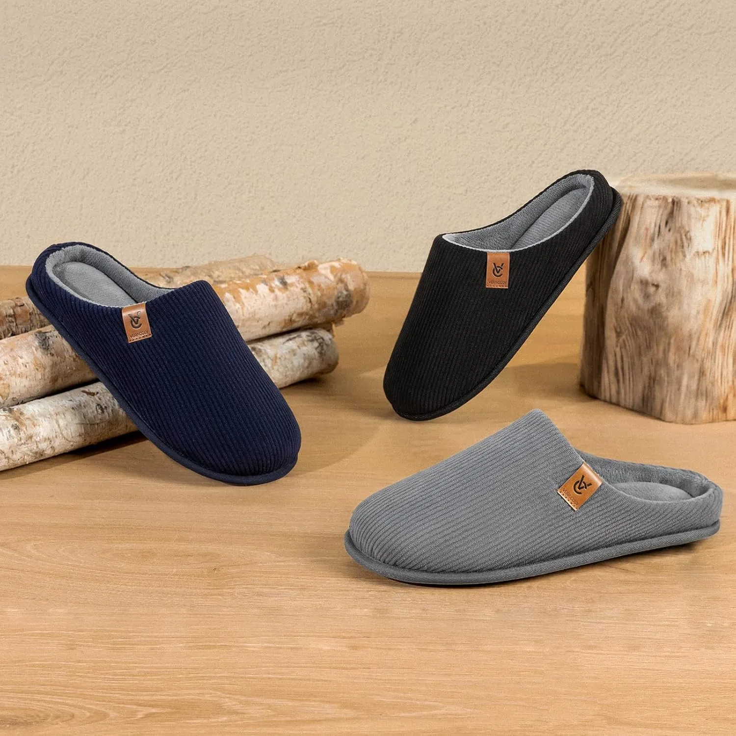 VeraCosy Men's Cozy Slip-on Slippers Corduroy Memory Foam Indoor House Shoes